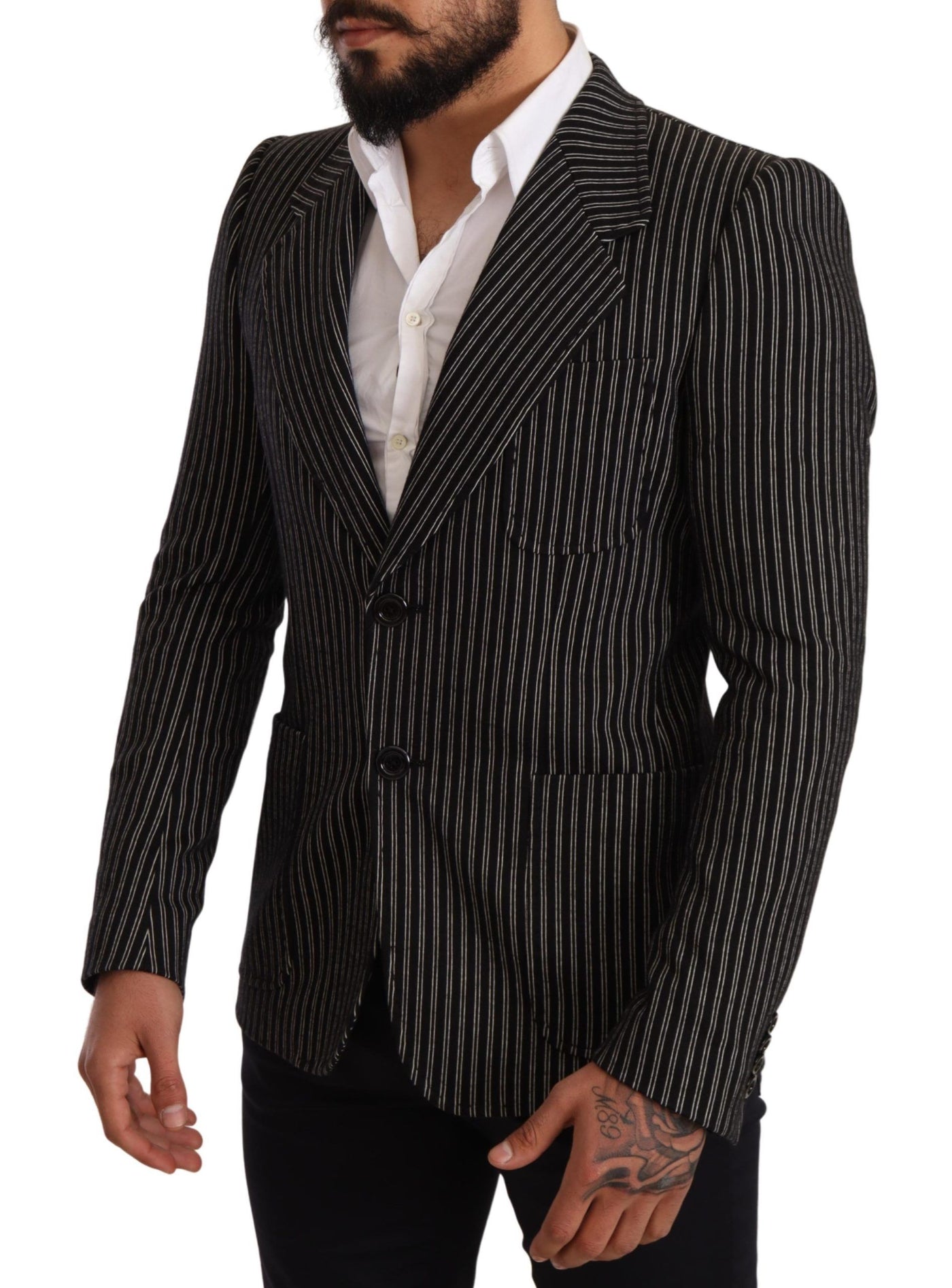 Dolce & Gabbana Schwarz gestreifter Slim Fit Wollmantel Blazer
