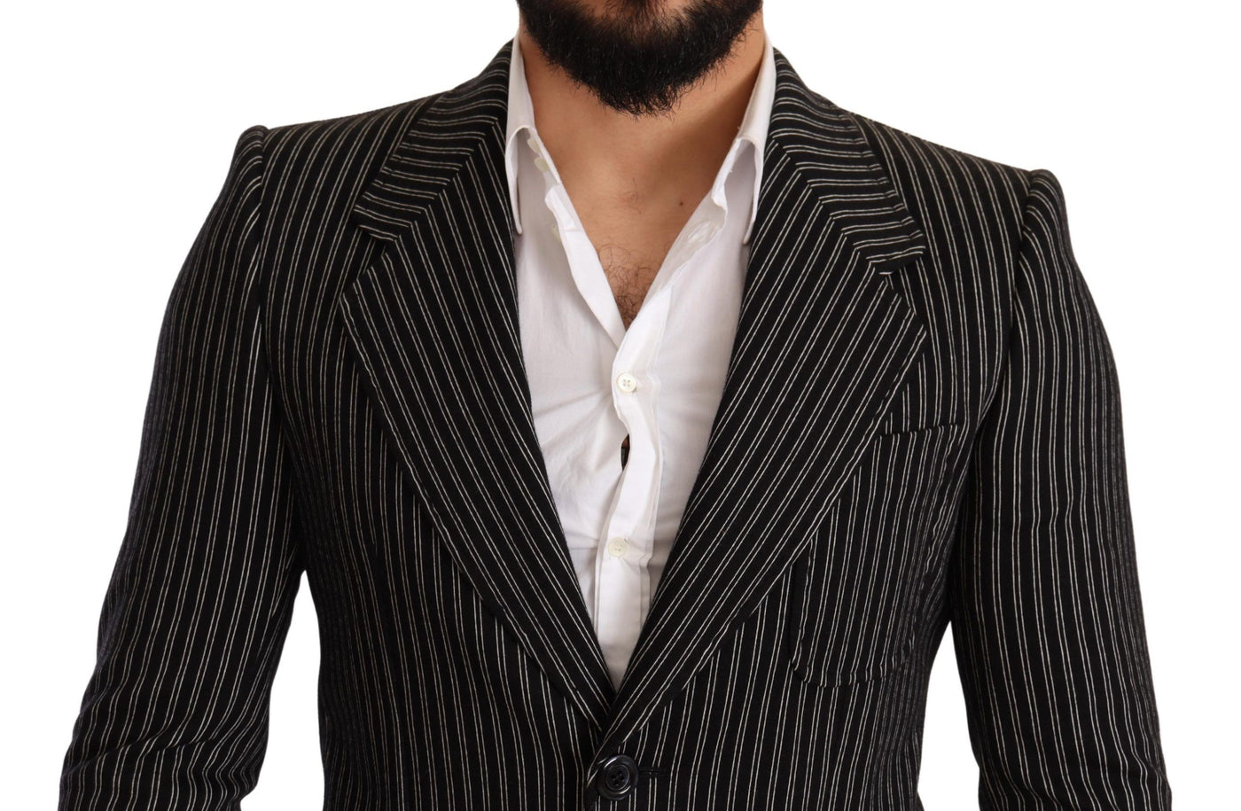 Dolce & Gabbana Schwarz gestreifter Slim Fit Wollmantel Blazer