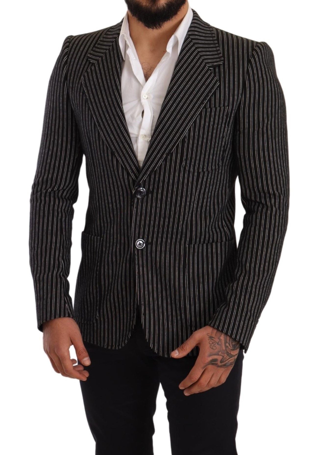 Dolce & Gabbana Schwarz gestreifter Slim Fit Wollmantel Blazer
