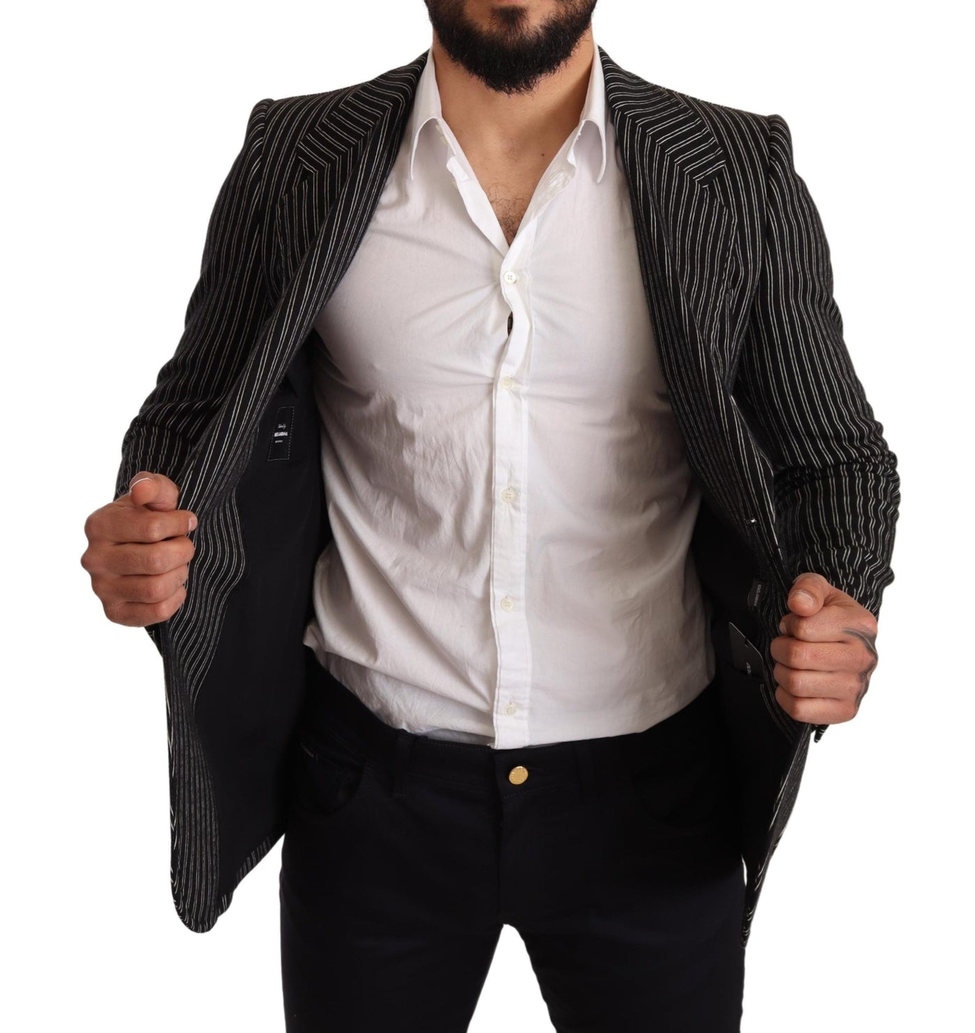Dolce & Gabbana Schwarz gestreifter Slim Fit Wollmantel Blazer