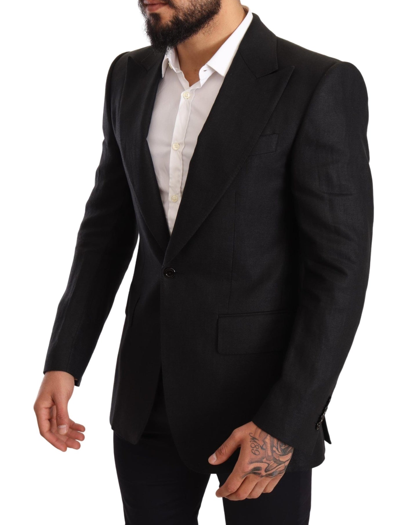 Dolce & Gabbana Schwarzer Leinenmantel Slim Fit Jacke Blazer