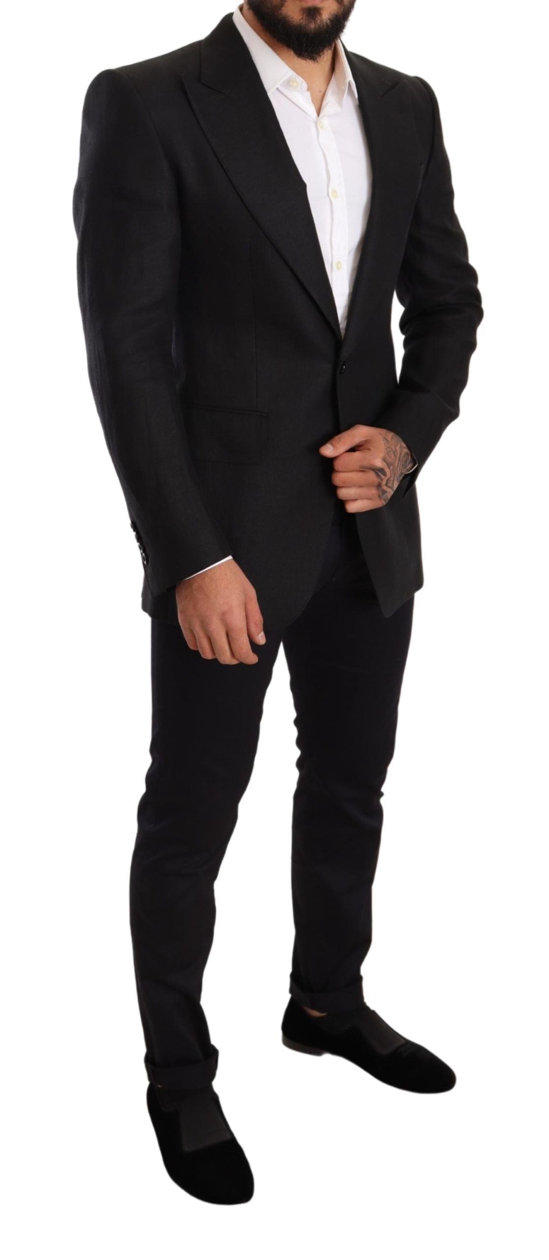 Dolce & Gabbana Schwarzer Leinenmantel Slim Fit Jacke Blazer