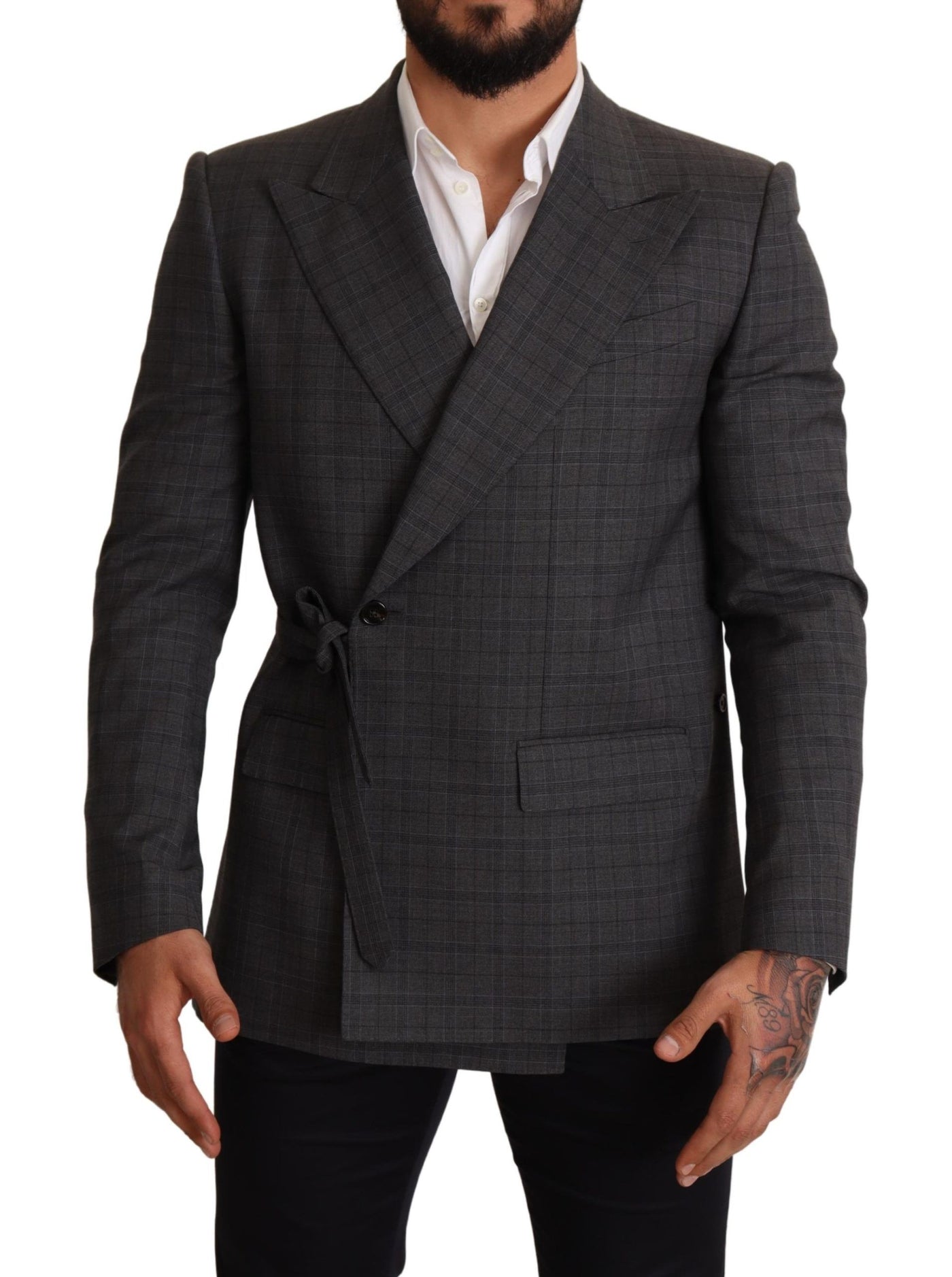 Dolce & Gabbana Graue karierte Wolljacke mit schmaler Passform Blazer
