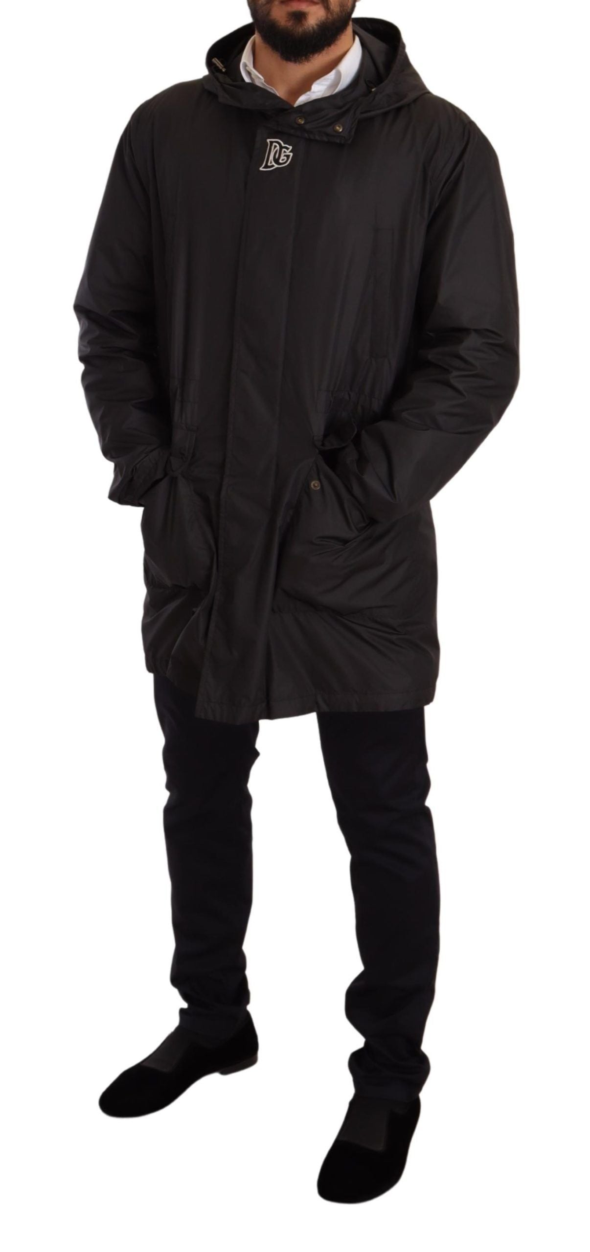 Dolce & Gabbana Schwarzer Kapuzenmantel Herren Trenchcoat Jacke