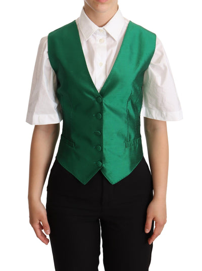 Dolce & Gabbana Grüner Seidensatin ärmellose Weste Weste