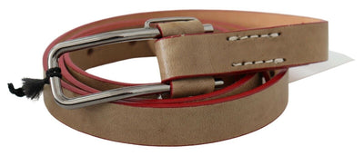 Costume National Beigefarbener Leder-Gürtel mit silberner Logo-Schnalle