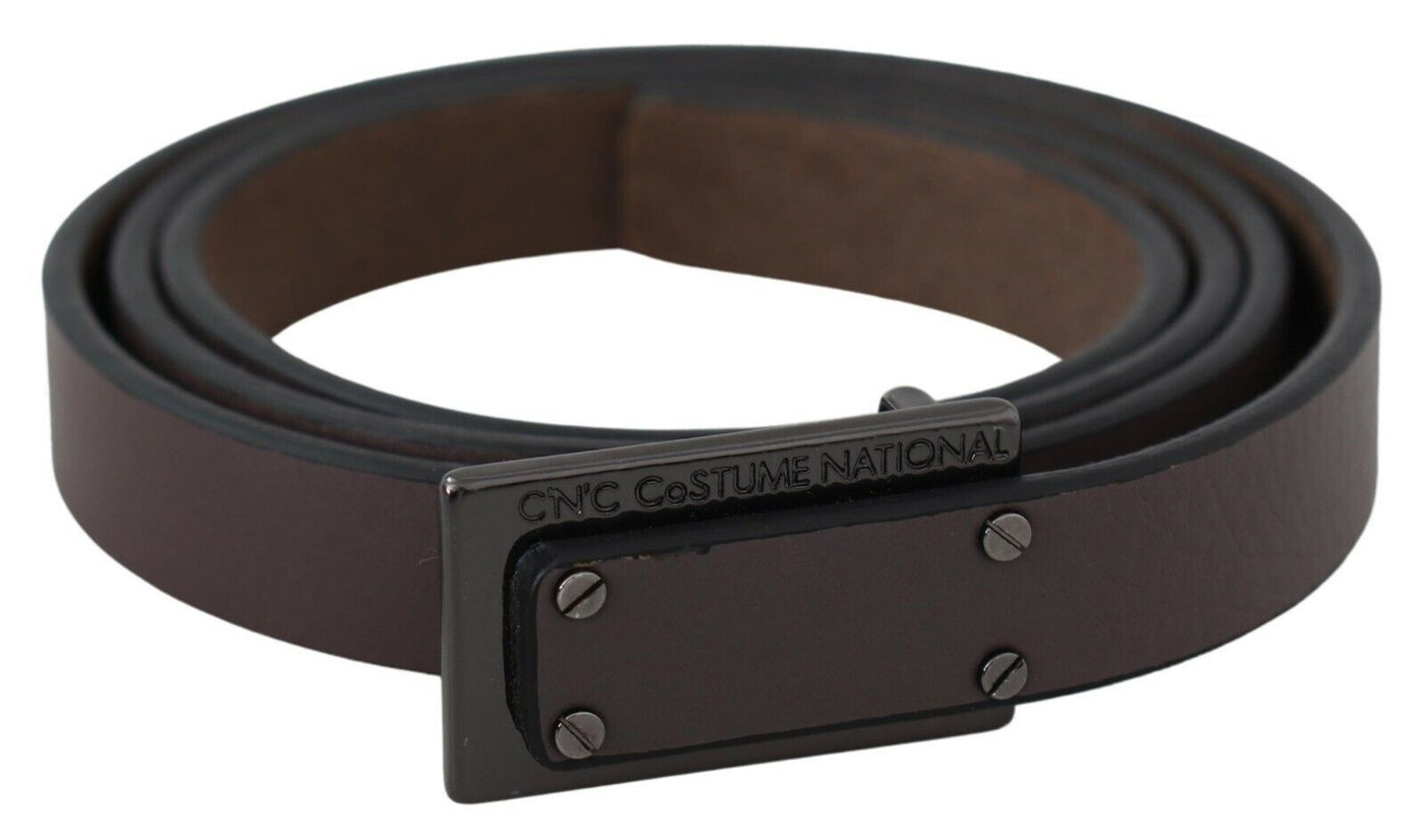 Costume National Brauner Leder Tactical Logo Schraubschnalle Gürtel