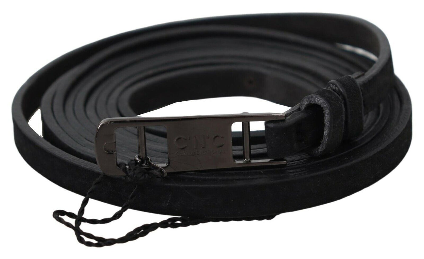 Costume National Schwarzer Leder Skinny Logo Schnallengürtel
