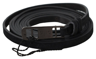 Costume National Schwarzer Leder Skinny Logo Schnallengürtel