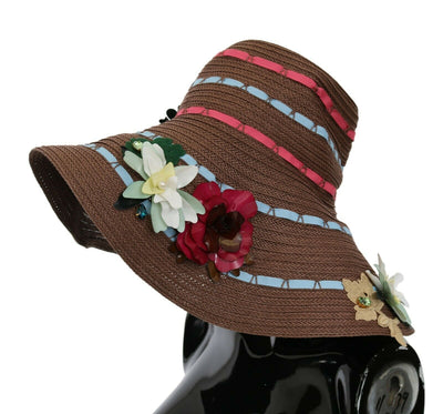 Dolce & Gabbana Brauner gestrickter Strohhut mit Blumen