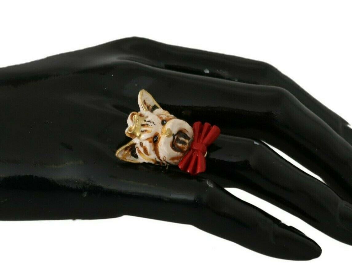 Dolce & Gabbana Gold Messing Harz Beige Hund Haustier gebrandmarkt Accessoire Ring