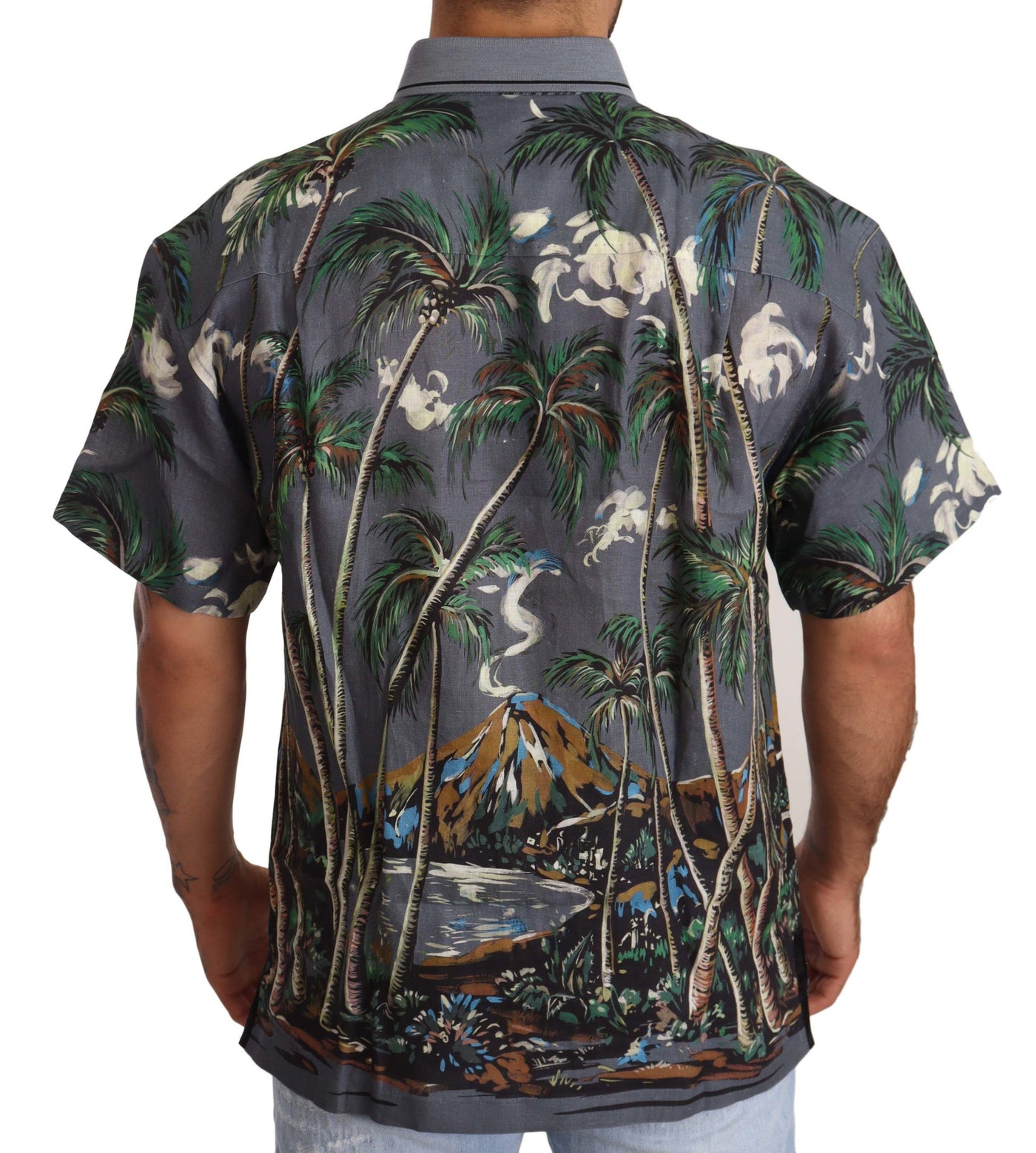 Dolce & Gabbana Graues Leinenhemd mit Tropenprint und Kragen