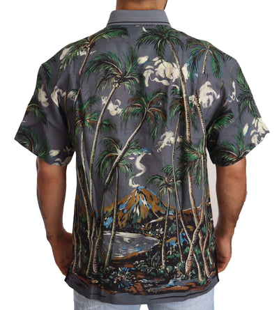 Dolce & Gabbana Graues Leinenhemd mit Tropenprint und Kragen