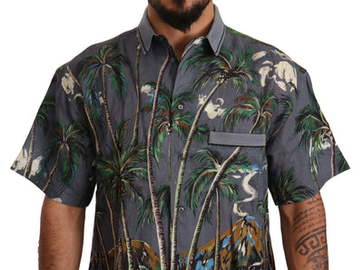Dolce & Gabbana Graues Leinenhemd mit Tropenprint und Kragen