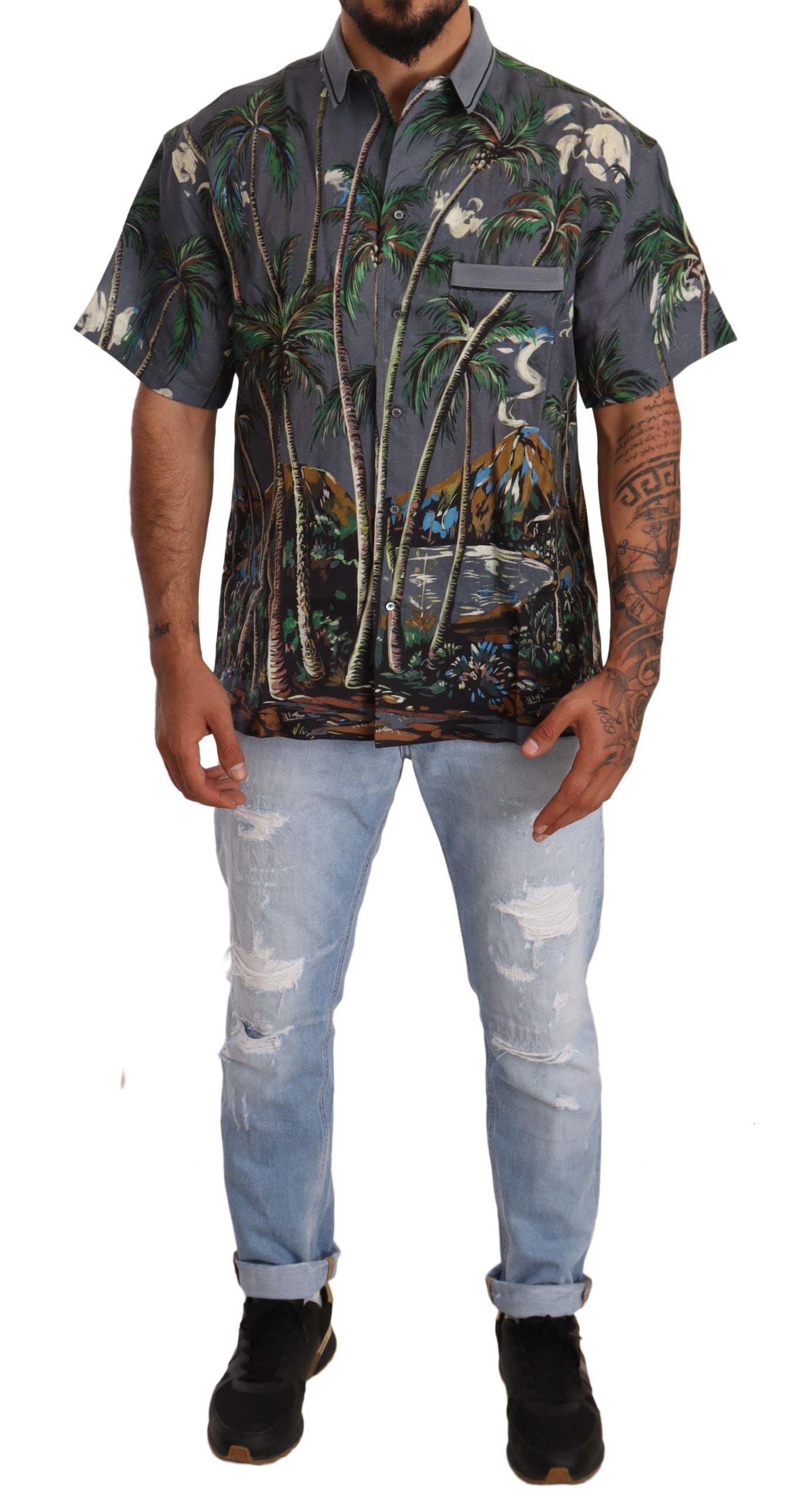 Dolce & Gabbana Graues Leinenhemd mit Tropenprint und Kragen
