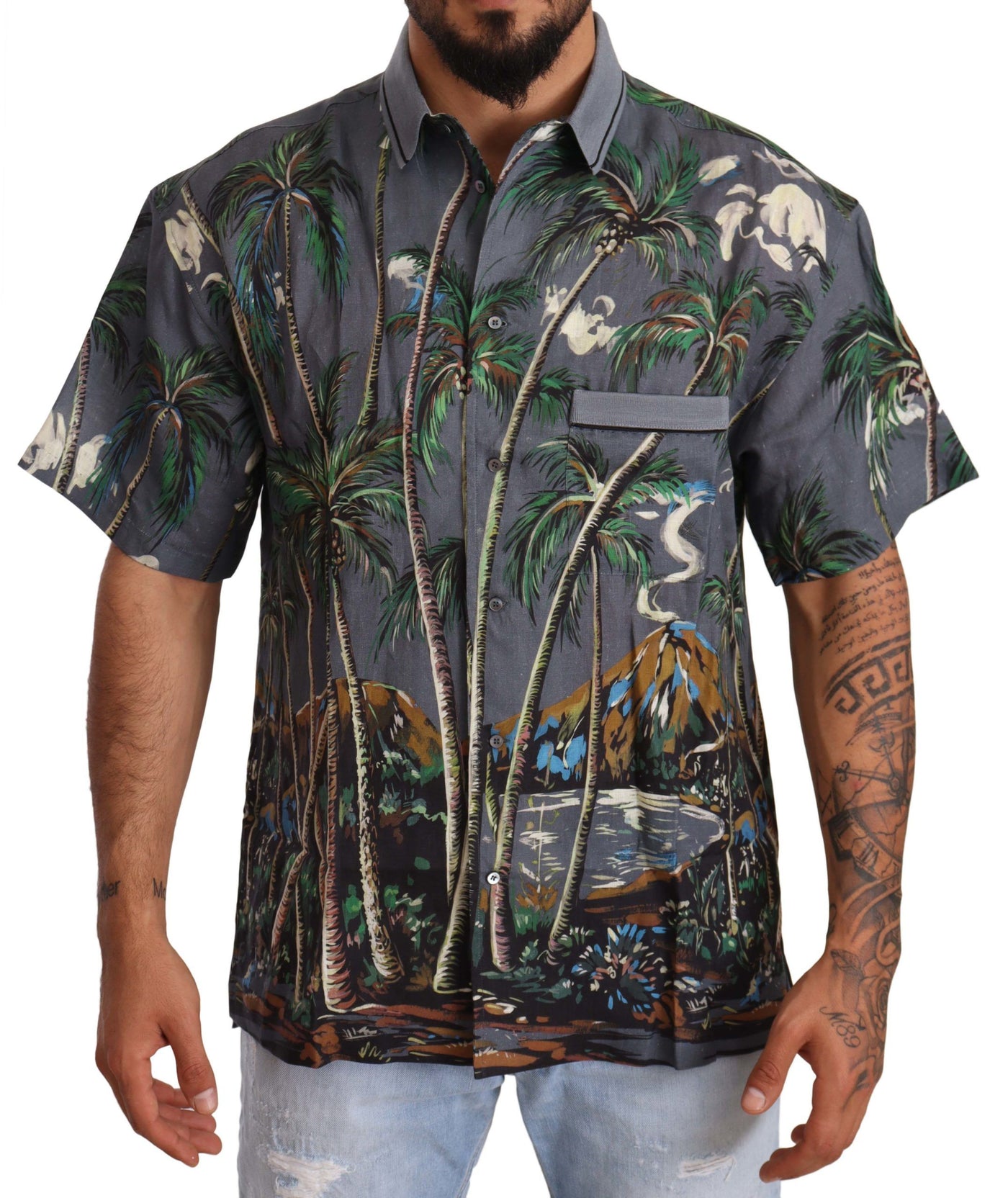 Dolce & Gabbana Graues Leinenhemd mit Tropenprint und Kragen