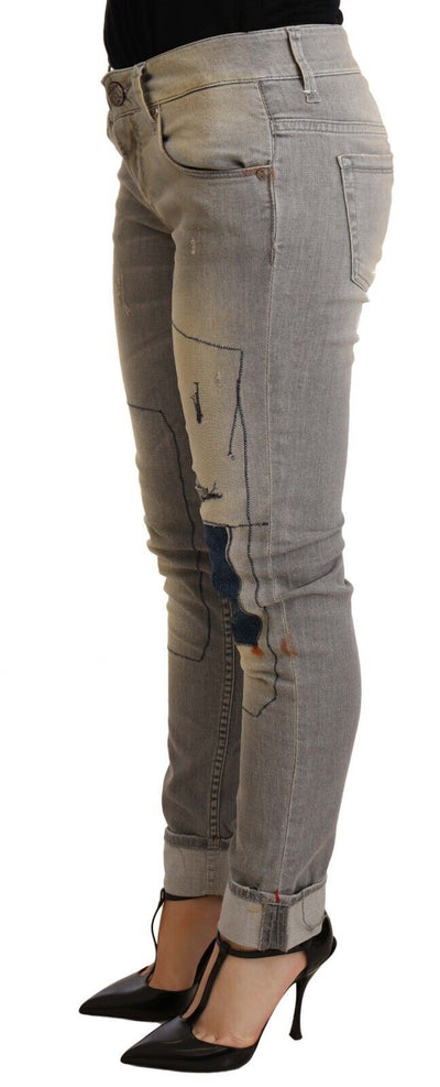 Acht Graue Baumwolle Slim Fit Gefalteter Saum Damen Denim Hose