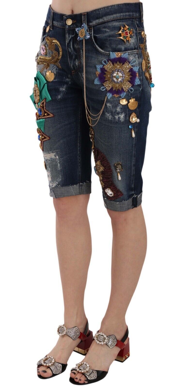 Dolce & Gabbana Blaue Denim Mid Waist Crystal Capri Shorts