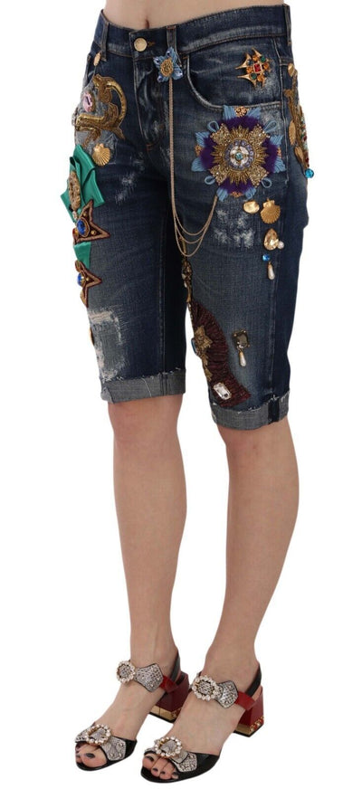 Dolce & Gabbana Blaue Denim Mid Waist Crystal Capri Shorts