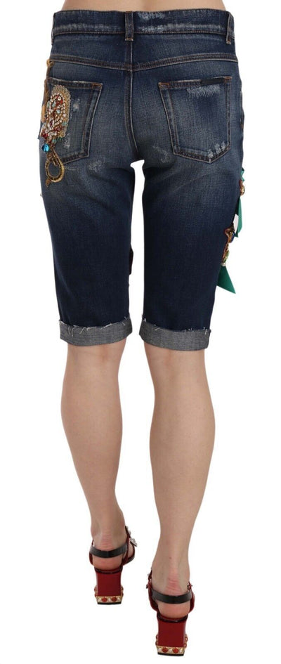Dolce & Gabbana Blaue Denim Mid Waist Crystal Capri Shorts
