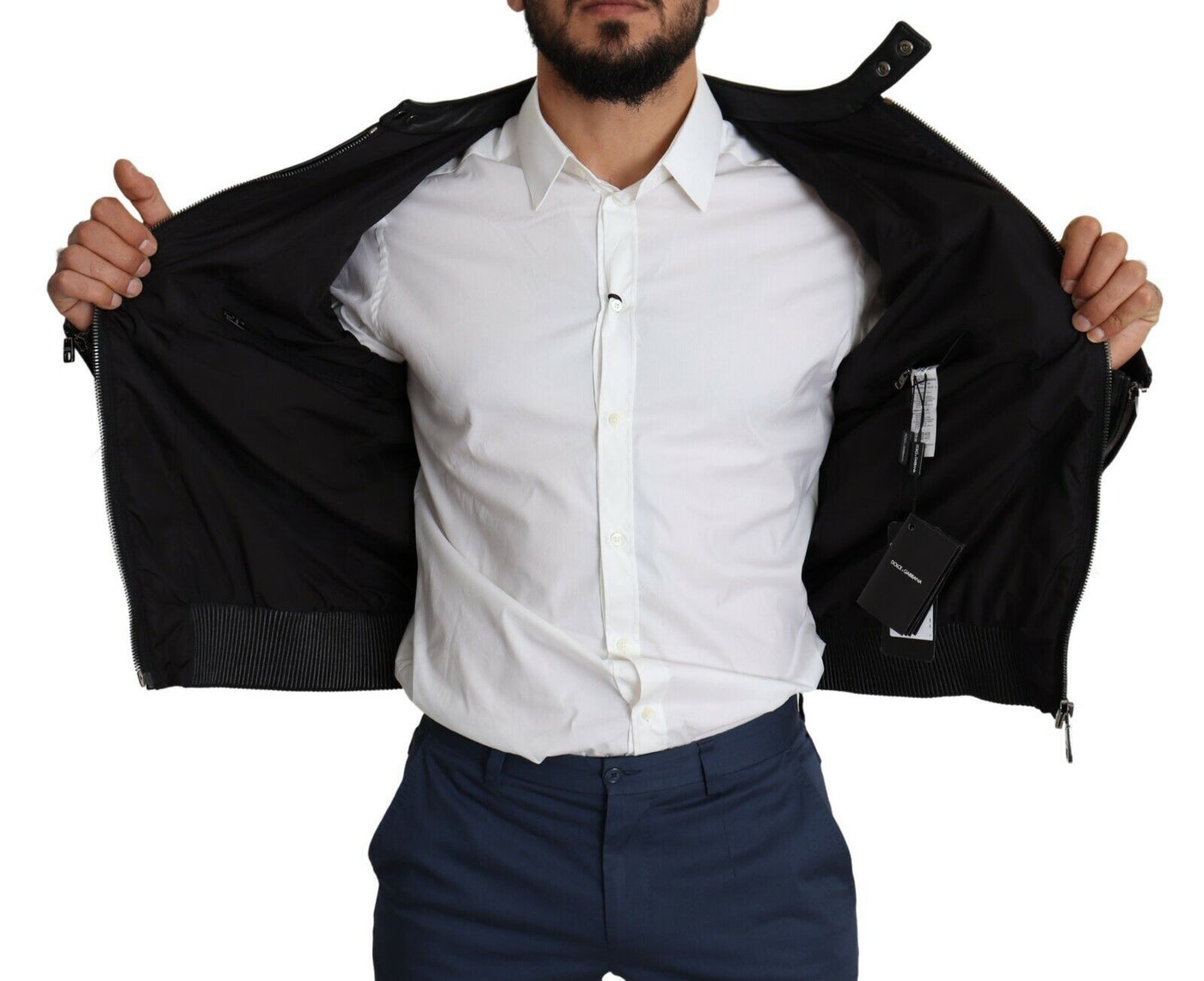 Dolce & Gabbana Schwarzes Nylon durchgehender Reißverschluss Männer Bomber Mantel Jacke
