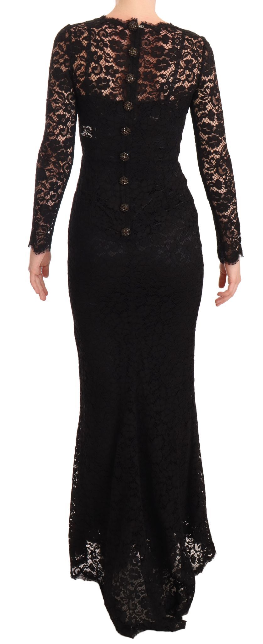 Dolce & Gabbana Schwarzes Baumwollspitzenkleid mit langen Ärmeln und Meerjungfrau