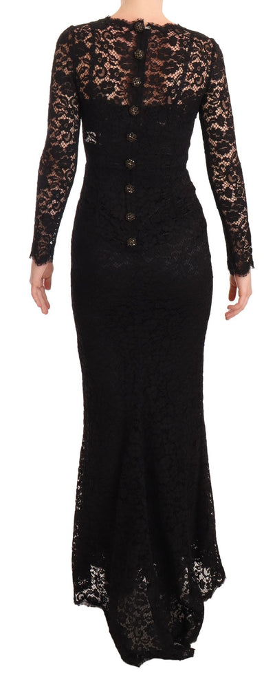 Dolce & Gabbana Schwarzes Baumwollspitzenkleid mit langen Ärmeln und Meerjungfrau