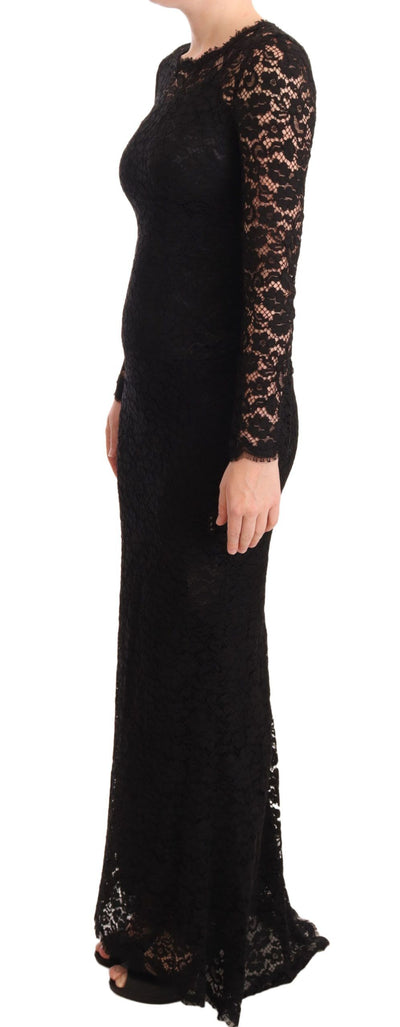 Dolce & Gabbana Schwarzes Baumwollspitzenkleid mit langen Ärmeln und Meerjungfrau