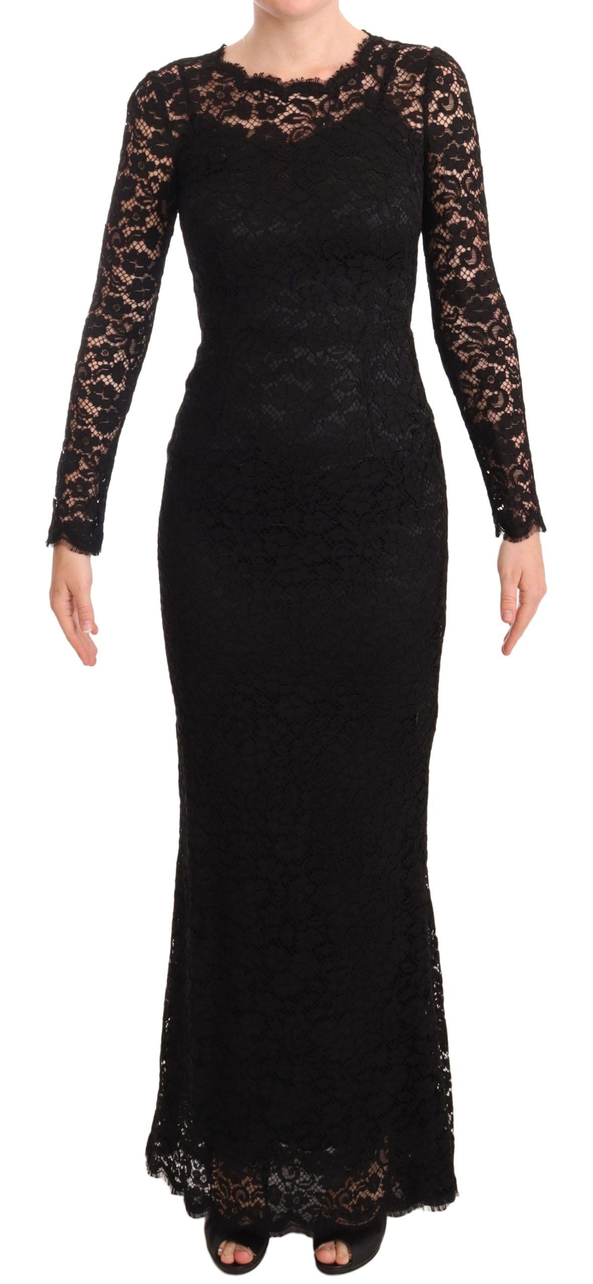 Dolce & Gabbana Schwarzes Baumwollspitzenkleid mit langen Ärmeln und Meerjungfrau