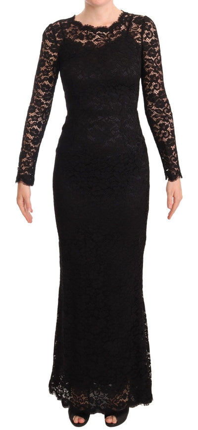 Dolce & Gabbana Schwarzes Baumwollspitzenkleid mit langen Ärmeln und Meerjungfrau