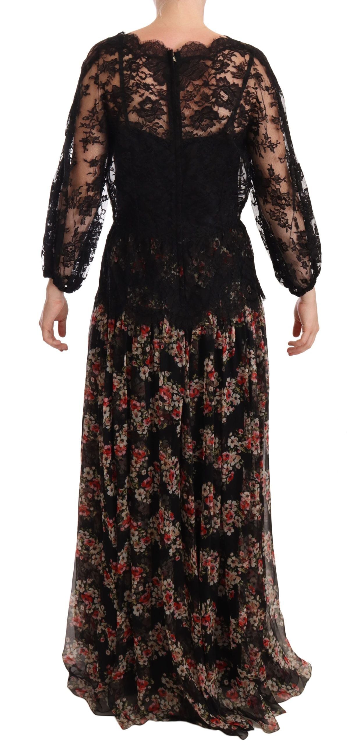Dolce & Gabbana Schwarzes Maxi-Capri-Kleid mit geblümter Spitze