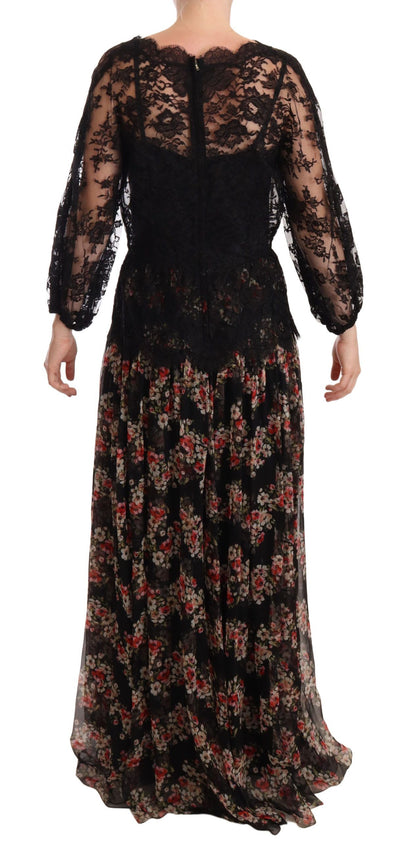 Dolce & Gabbana Schwarzes Maxi-Capri-Kleid mit geblümter Spitze