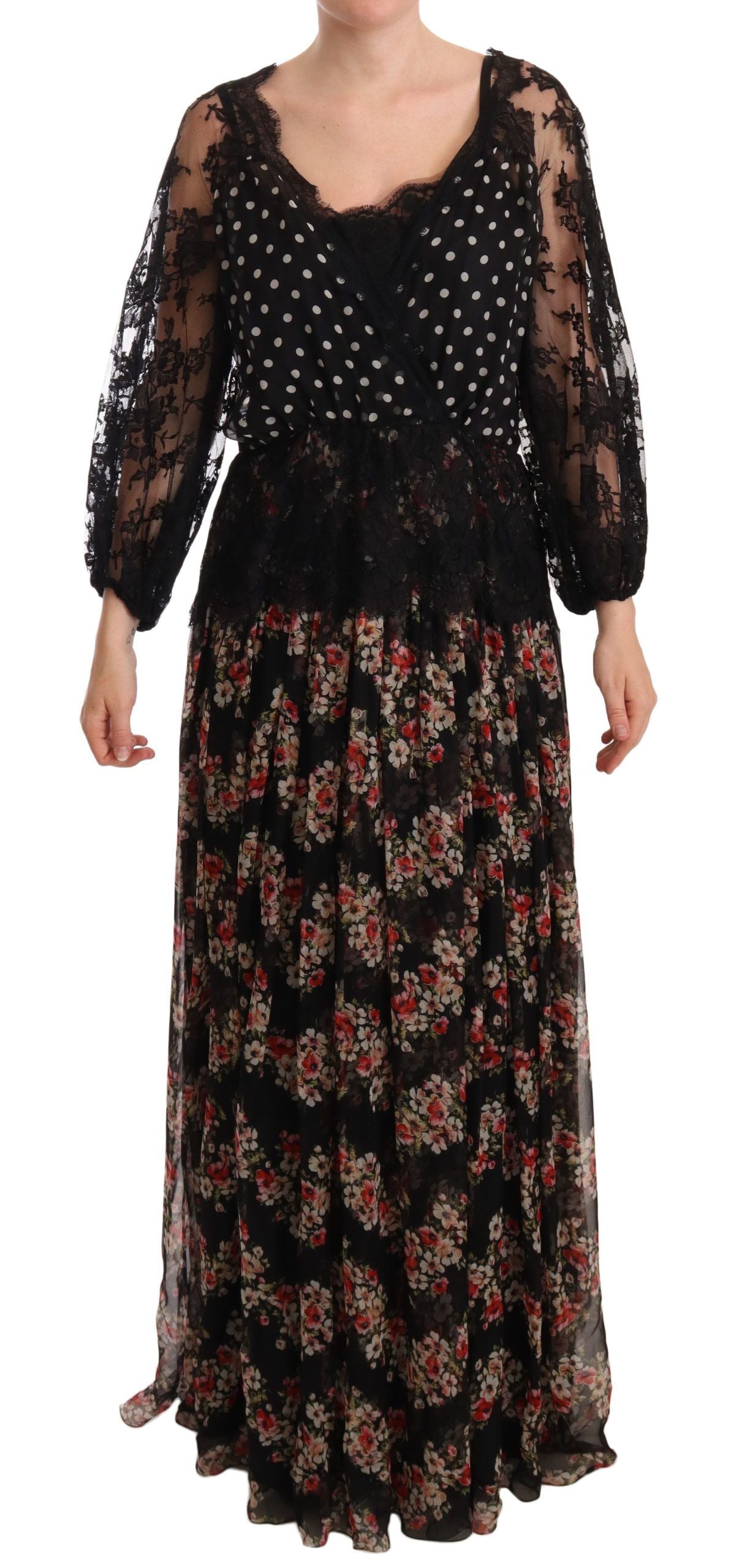 Dolce & Gabbana Schwarzes Maxi-Capri-Kleid mit geblümter Spitze