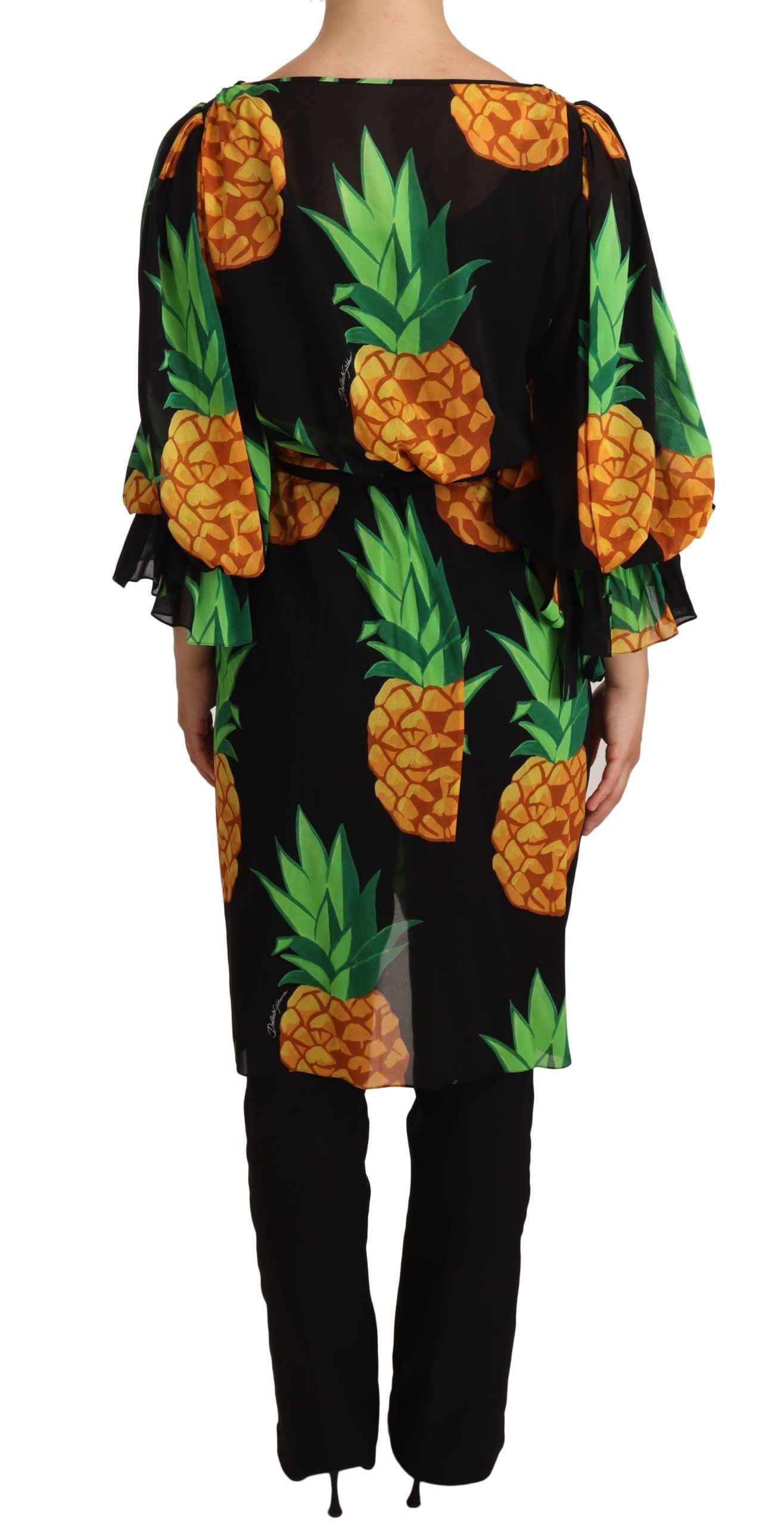 Dolce & Gabbana Schwarzes Ananas Print Wickelkleid aus Stretch-Seide