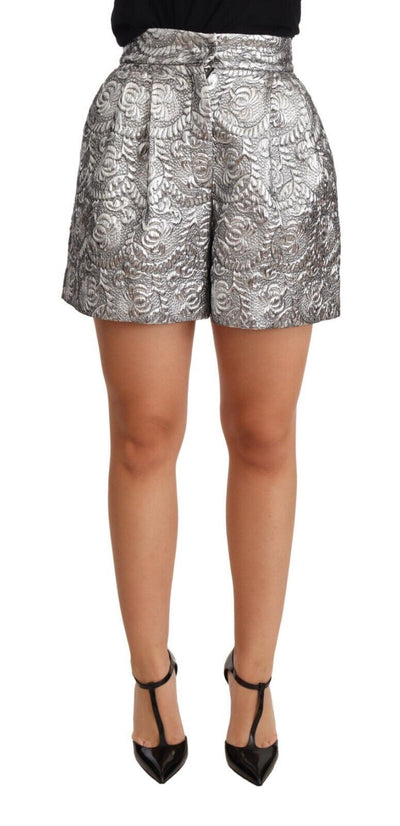 Dolce & Gabbana Silberne Brokat-Shorts mit hoher Taille und Blumenmuster