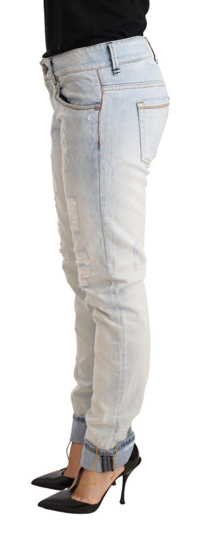 Acht Hellblaue Baumwoll-Denim-Hosenjeans mit gefaltetem Saum