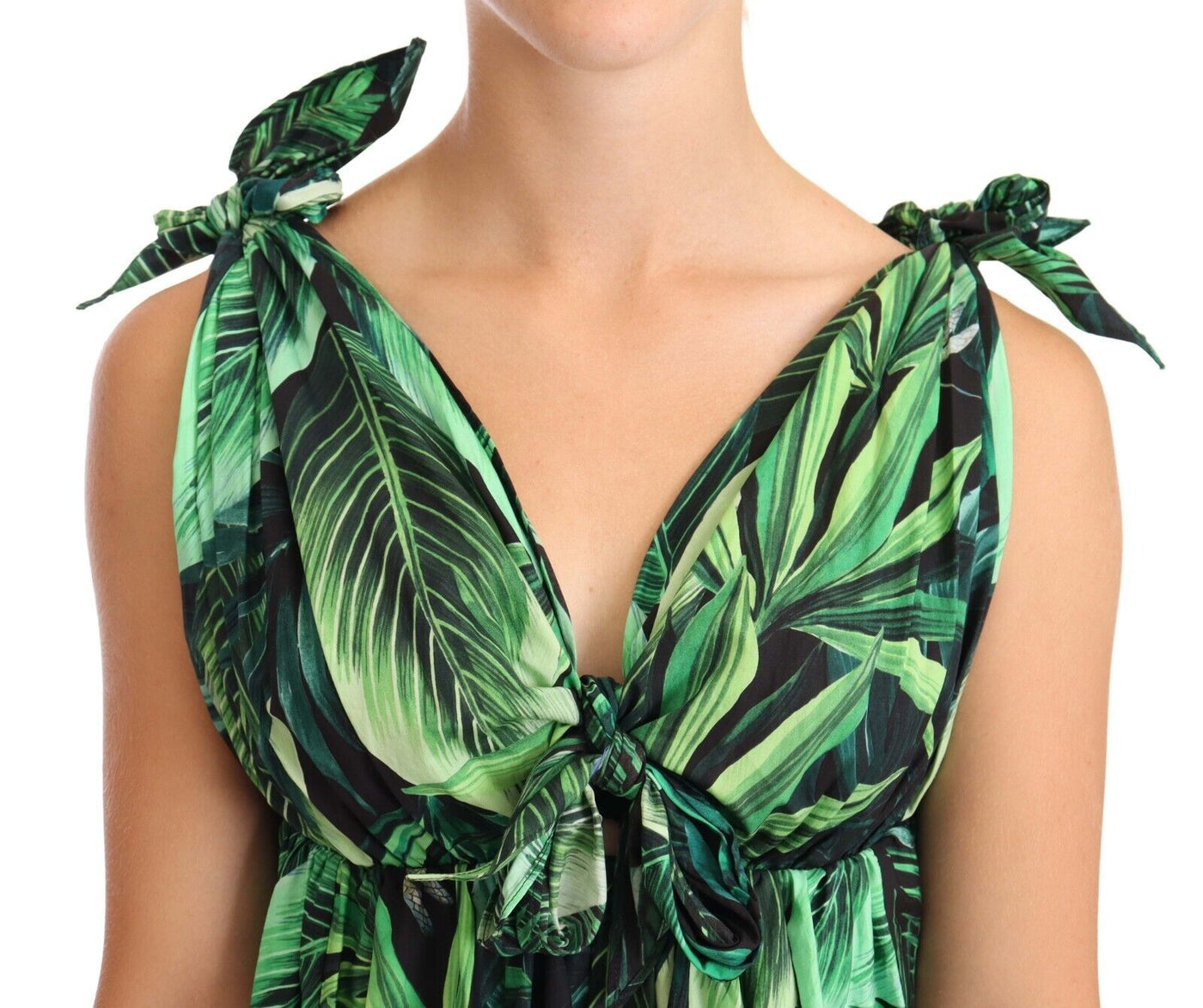 Dolce & Gabbana Ausgestelltes Minikleid aus Baumwolle mit grünem Laubdruck