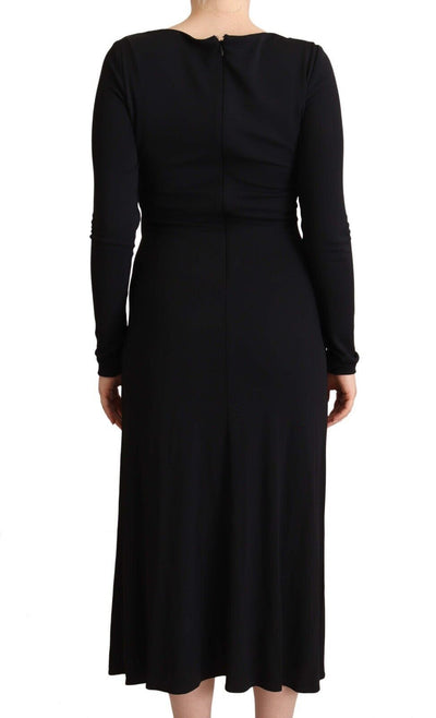PINKO Schwarzes Nylon Stretch Langarm Maxikleid mit tiefem V-Ausschnitt