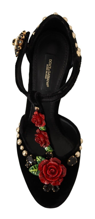 Dolce & Gabbana Schwarz Mary Jane Pumps Rosen Kristalle Schuhe