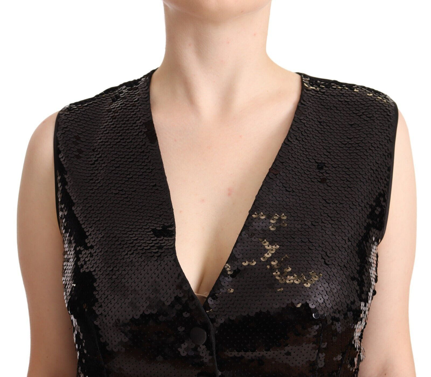 Dolce & Gabbana Schwarzes Pailletten V-Ausschnitt ärmelloses Weste Tank Top