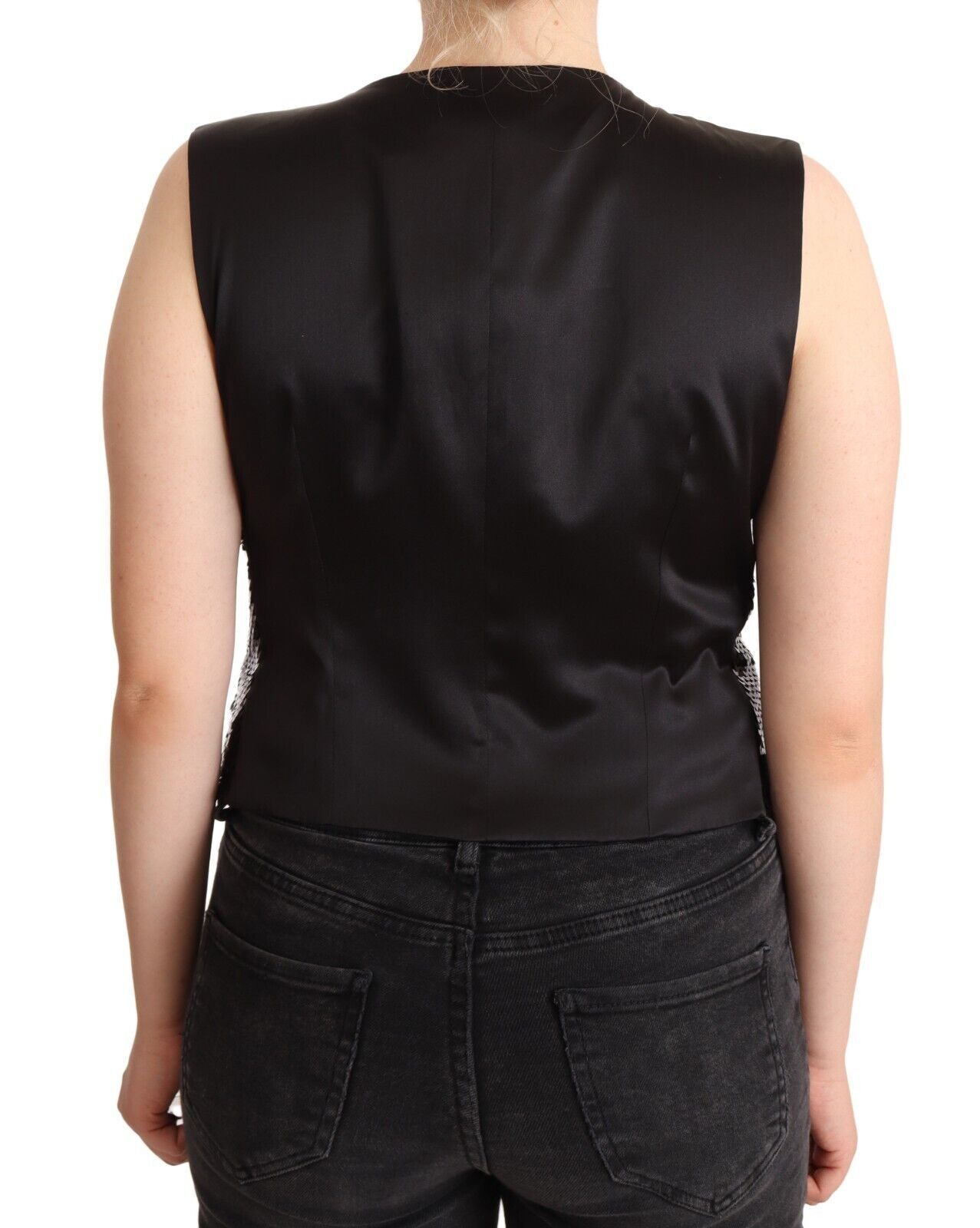 Dolce & Gabbana Schwarzes Pailletten V-Ausschnitt ärmelloses Weste Tank Top