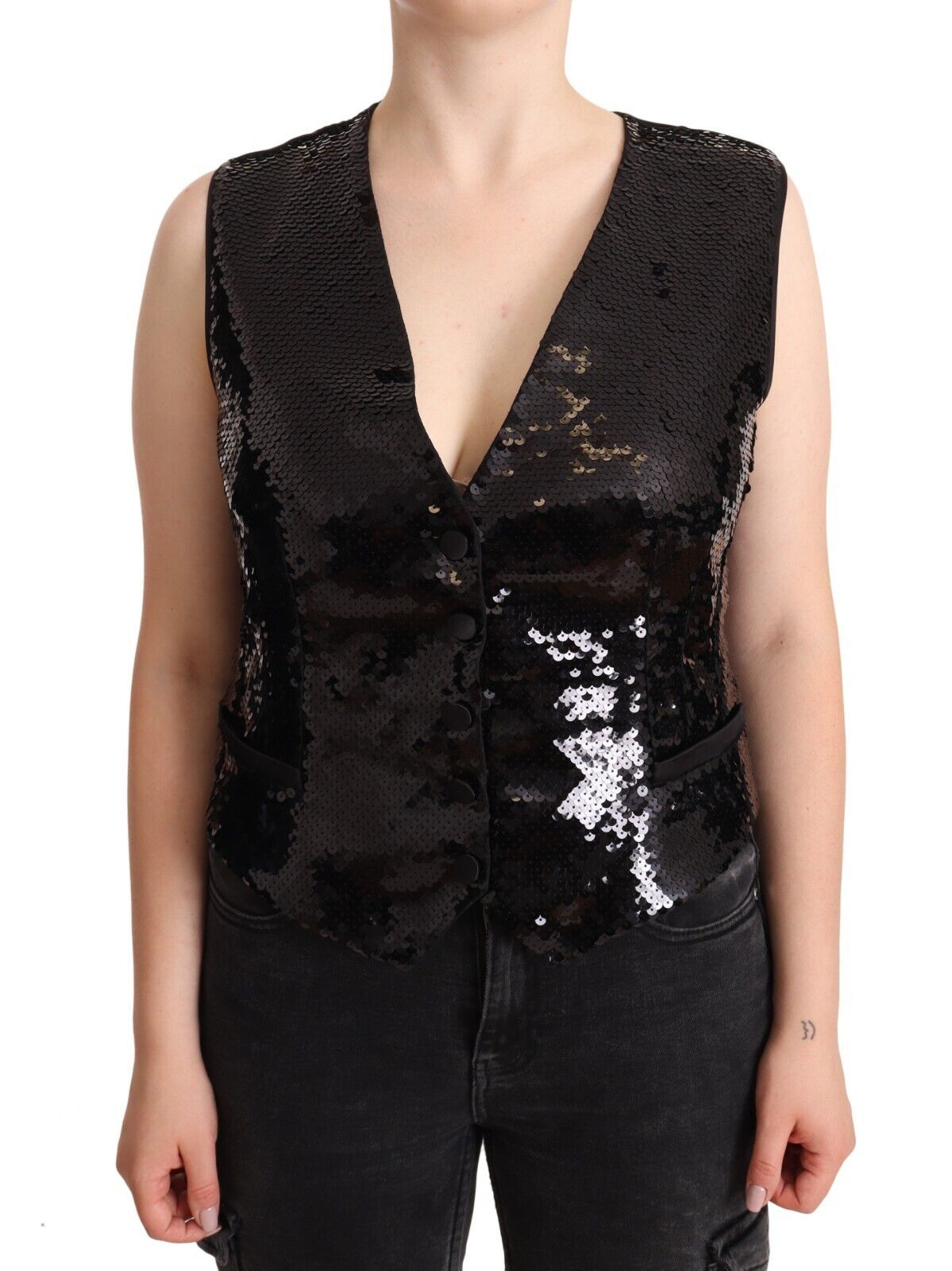 Dolce & Gabbana Schwarzes Pailletten V-Ausschnitt ärmelloses Weste Tank Top