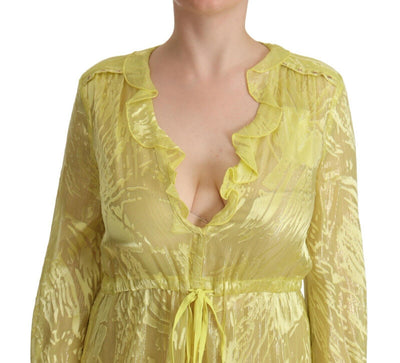 Patrizia Pepe Gelbes Seidenkleid mit langen Ärmeln und tiefem Ausschnitt