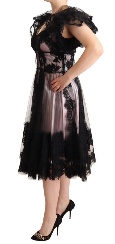 Dolce & Gabbana Schwarz-rosa geblümte Spitze A-Linie Midi Kleid durchsichtig