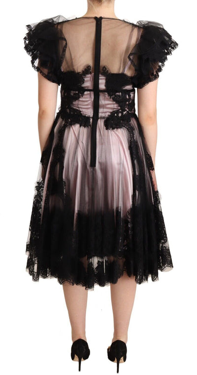 Dolce & Gabbana Schwarz-rosa geblümte Spitze A-Linie Midi Kleid durchsichtig