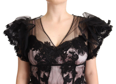 Dolce & Gabbana Schwarz-rosa geblümte Spitze A-Linie Midi Kleid durchsichtig