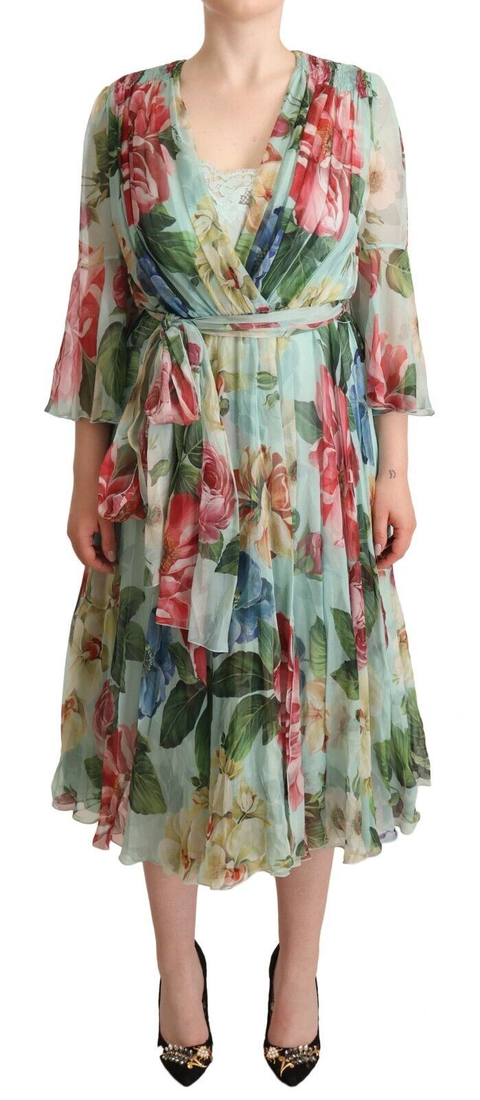 Dolce & Gabbana Grünes geblümtes Midikleid mit langen Ärmeln und V-Ausschnitt