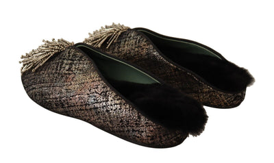 Paola D'Arcano Gold Jacquard Leder verschönert Slip On Schuhe