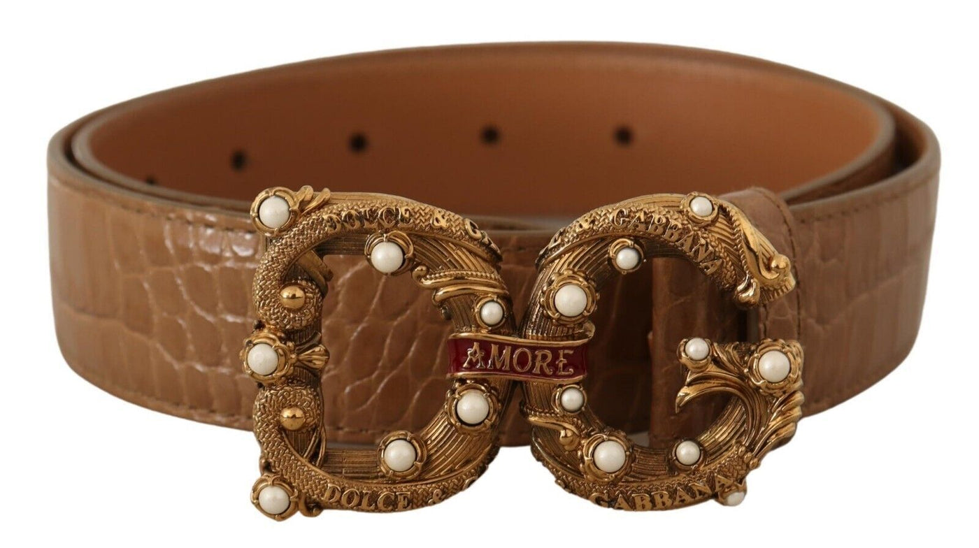 Dolce & Gabbana Brauner Logo-Amore-Gürtel aus Leder mit Krokodil-Muster