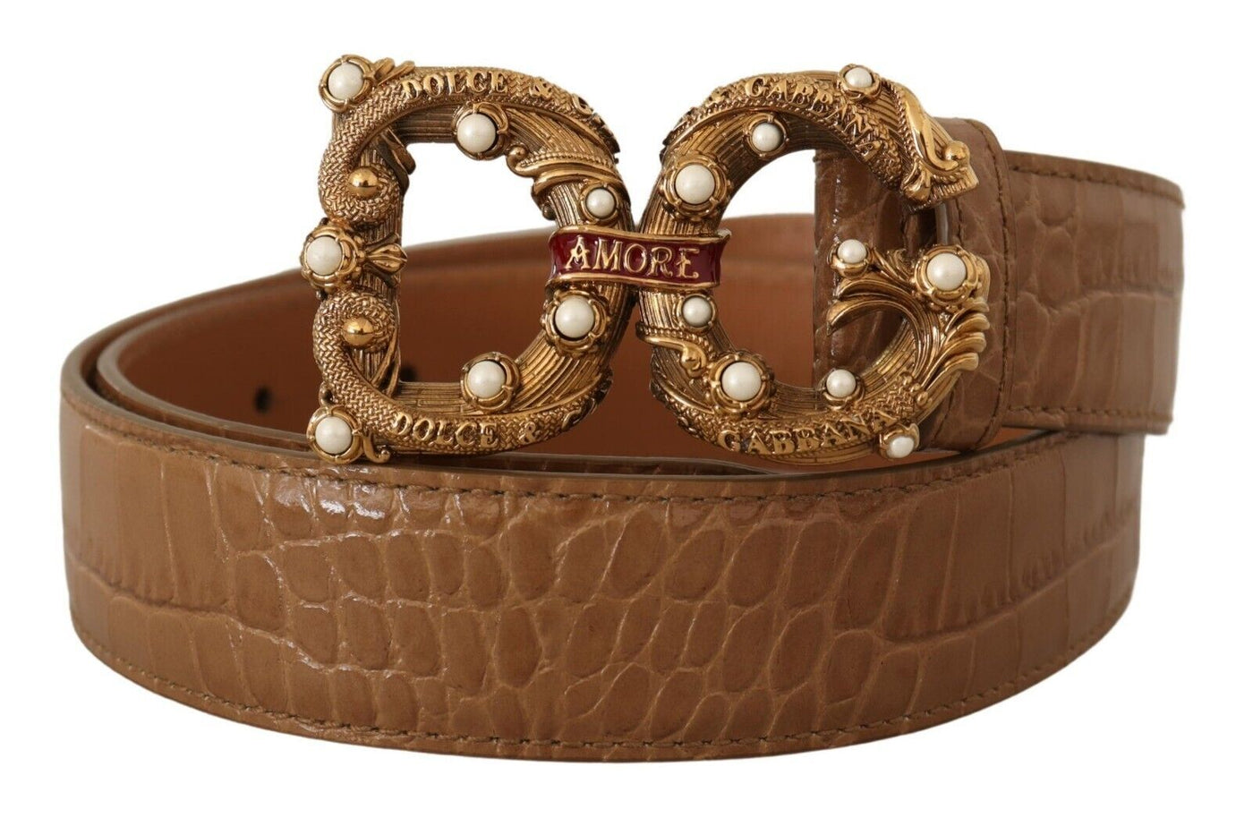 Dolce & Gabbana Brauner Logo-Amore-Gürtel aus Leder mit Krokodil-Muster